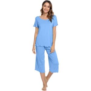 imageWiWi Viscose from Bamboo Pajamas Set for Women Soft Short Sleeve Tops Capri Pants Sleepwear Plus Size Pjs Sets S3XCsky Blue