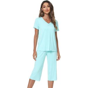 imageWiWi Viscose from Bamboo Pajamas Set for Women Summer Sleepwear Pjs Comfy Short Sleeve Tops Capri Pants Sets SXXLAaqua