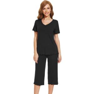 imageWiWi Viscose from Bamboo Pajamas Set for Women Summer Sleepwear Pjs Comfy Short Sleeve Tops Capri Pants Sets SXXLAblack