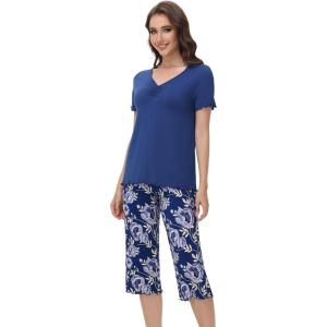 imageWiWi Viscose from Bamboo Pajamas Set for Women Summer Sleepwear Pjs Comfy Short Sleeve Tops Capri Pants Sets SXXLAblue DepthGray Peony