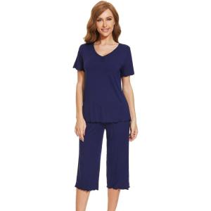 imageWiWi Viscose from Bamboo Pajamas Set for Women Summer Sleepwear Pjs Comfy Short Sleeve Tops Capri Pants Sets SXXLAnavy