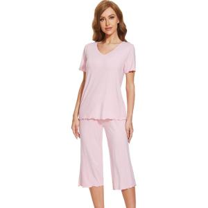 imageWiWi Viscose from Bamboo Pajamas Set for Women Summer Sleepwear Pjs Comfy Short Sleeve Tops Capri Pants Sets SXXLApink