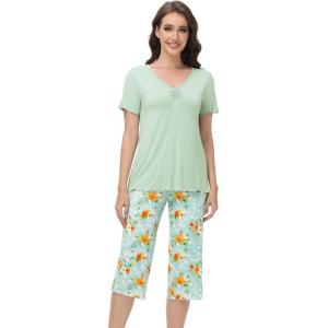 imageWiWi Viscose from Bamboo Pajamas Set for Women Summer Sleepwear Pjs Comfy Short Sleeve Tops Capri Pants Sets SXXLAsage GreenDark Teal Florals