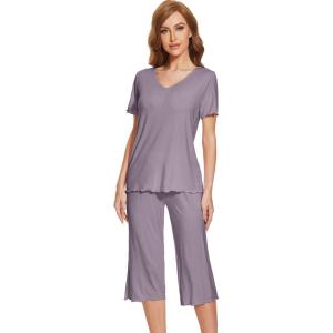 imageWiWi Viscose from Bamboo Pajamas Set for Women Summer Sleepwear Pjs Comfy Short Sleeve Tops Capri Pants Sets SXXLAviolet