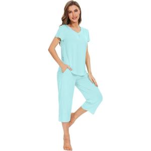 imageWiWi Viscose from Bamboo Pajamas Set for Women Summer Sleepwear Pjs Comfy Short Sleeve Tops Capri Pants Sets SXXLBaqua