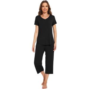 imageWiWi Viscose from Bamboo Pajamas Set for Women Summer Sleepwear Pjs Comfy Short Sleeve Tops Capri Pants Sets SXXLBblack
