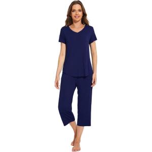 imageWiWi Viscose from Bamboo Pajamas Set for Women Summer Sleepwear Pjs Comfy Short Sleeve Tops Capri Pants Sets SXXLBnavy