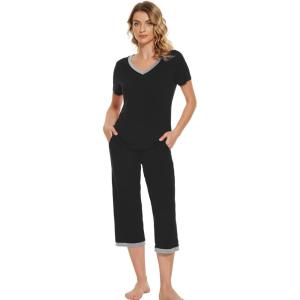 imageWiWi Viscose from Bamboo Pajamas Set for Women Summer Sleepwear Pjs Comfy Short Sleeve Tops Capri Pants Sets SXXLCblack
