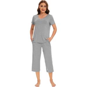 imageWiWi Viscose from Bamboo Pajamas Set for Women Summer Sleepwear Pjs Comfy Short Sleeve Tops Capri Pants Sets SXXLCheather Grey