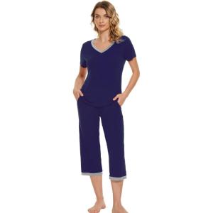 imageWiWi Viscose from Bamboo Pajamas Set for Women Summer Sleepwear Pjs Comfy Short Sleeve Tops Capri Pants Sets SXXLCnavy