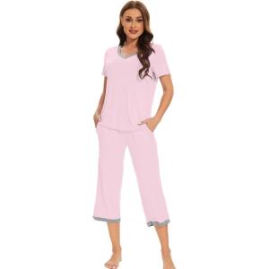 imageWiWi Viscose from Bamboo Pajamas Set for Women Summer Sleepwear Pjs Comfy Short Sleeve Tops Capri Pants Sets SXXLCpink