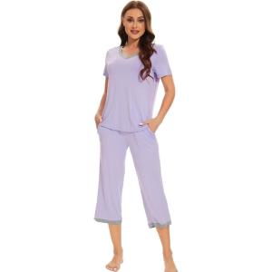 imageWiWi Viscose from Bamboo Pajamas Set for Women Summer Sleepwear Pjs Comfy Short Sleeve Tops Capri Pants Sets SXXLCtaro Purple