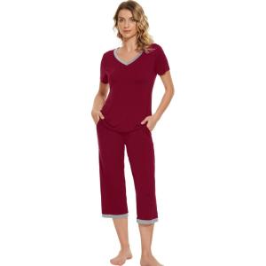 imageWiWi Viscose from Bamboo Pajamas Set for Women Summer Sleepwear Pjs Comfy Short Sleeve Tops Capri Pants Sets SXXLCwine