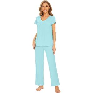 imageWiWi Viscose from Bamboo Pajamas for Women Soft Short Sleeve Pajama Set with Pants Pjs Lightweight Loungewear SXXLAaqua