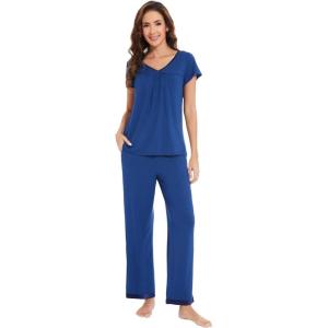 imageWiWi Viscose from Bamboo Pajamas for Women Soft Short Sleeve Pajama Set with Pants Pjs Lightweight Loungewear SXXLAblue Depth