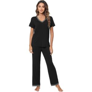 imageWiWi Viscose from Bamboo Pajamas for Women Soft Short Sleeve Pajama Set with Pants Pjs Lightweight Loungewear SXXLBblack