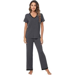 imageWiWi Viscose from Bamboo Pajamas for Women Soft Short Sleeve Pajama Set with Pants Pjs Lightweight Loungewear SXXLBcharcoal