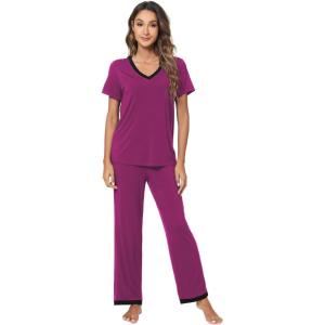 imageWiWi Viscose from Bamboo Pajamas for Women Soft Short Sleeve Pajama Set with Pants Pjs Lightweight Loungewear SXXLBdark Reddish Purple