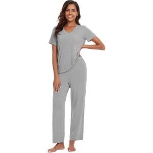 imageWiWi Viscose from Bamboo Pajamas for Women Soft Short Sleeve Pajama Set with Pants Pjs Lightweight Loungewear SXXLBheather Grey
