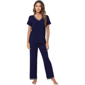 imageWiWi Viscose from Bamboo Pajamas for Women Soft Short Sleeve Pajama Set with Pants Pjs Lightweight Loungewear SXXLBnavy