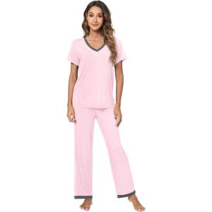 imageWiWi Viscose from Bamboo Pajamas for Women Soft Short Sleeve Pajama Set with Pants Pjs Lightweight Loungewear SXXLBpink