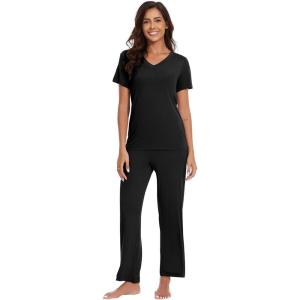 imageWiWi Viscose from Bamboo Pajamas for Women Soft Short Sleeve Pajama Set with Pants Pjs Lightweight Loungewear SXXLBsolid Black