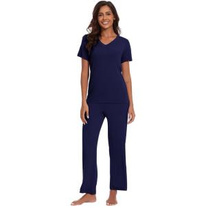 imageWiWi Viscose from Bamboo Pajamas for Women Soft Short Sleeve Pajama Set with Pants Pjs Lightweight Loungewear SXXLBsolid Navy