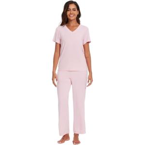 imageWiWi Viscose from Bamboo Pajamas for Women Soft Short Sleeve Pajama Set with Pants Pjs Lightweight Loungewear SXXLBsolid Pink