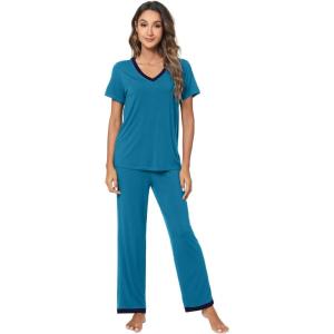 imageWiWi Viscose from Bamboo Pajamas for Women Soft Short Sleeve Pajama Set with Pants Pjs Lightweight Loungewear SXXLBteal Blue