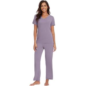 imageWiWi Viscose from Bamboo Pajamas for Women Soft Short Sleeve Pajama Set with Pants Pjs Lightweight Loungewear SXXLBviolet