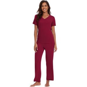 imageWiWi Viscose from Bamboo Pajamas for Women Soft Short Sleeve Pajama Set with Pants Pjs Lightweight Loungewear SXXLBwine
