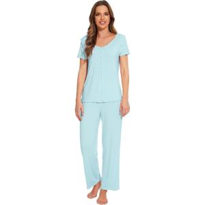 imageWiWi Viscose from Bamboo Pajamas for Women Soft Short Sleeve Pajama Set with Pants Pjs Lightweight Loungewear SXXLCaqua