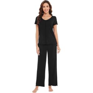 imageWiWi Viscose from Bamboo Pajamas for Women Soft Short Sleeve Pajama Set with Pants Pjs Lightweight Loungewear SXXLCblack