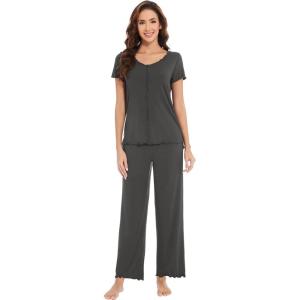 imageWiWi Viscose from Bamboo Pajamas for Women Soft Short Sleeve Pajama Set with Pants Pjs Lightweight Loungewear SXXLCiron Grey