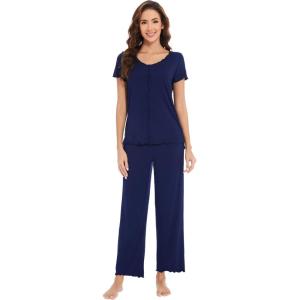 imageWiWi Viscose from Bamboo Pajamas for Women Soft Short Sleeve Pajama Set with Pants Pjs Lightweight Loungewear SXXLCnavy