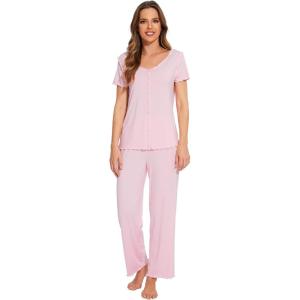 imageWiWi Viscose from Bamboo Pajamas for Women Soft Short Sleeve Pajama Set with Pants Pjs Lightweight Loungewear SXXLCpink