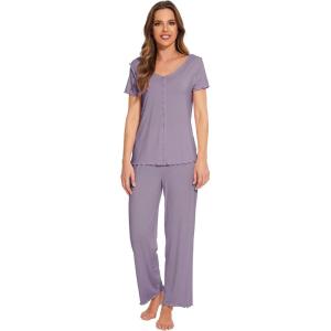imageWiWi Viscose from Bamboo Pajamas for Women Soft Short Sleeve Pajama Set with Pants Pjs Lightweight Loungewear SXXLCviolet