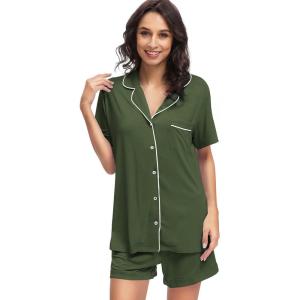 imageWiWi Viscose from Bamboo Soft Pajamas Set for Women Button Down Short Pajama Sets Plus Size Pjs Shorts Sleepwear S4XAarmy Green