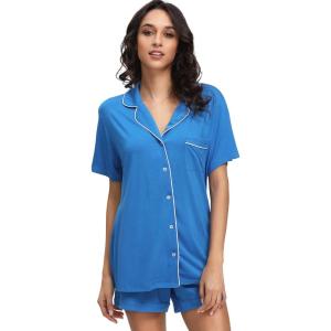 imageWiWi Viscose from Bamboo Soft Pajamas Set for Women Button Down Short Pajama Sets Plus Size Pjs Shorts Sleepwear S4XAbright Blue