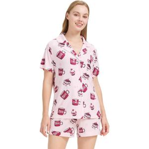 imageWiWi Viscose from Bamboo Soft Pajamas Set for Women Button Down Short Pajama Sets Plus Size Pjs Shorts Sleepwear S4XAcoffee Cup