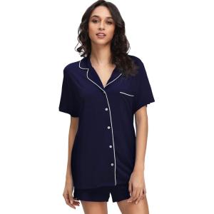 imageWiWi Viscose from Bamboo Soft Pajamas Set for Women Button Down Short Pajama Sets Plus Size Pjs Shorts Sleepwear S4XAnavy
