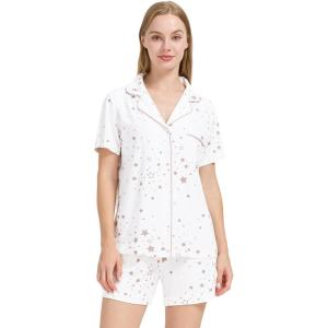 imageWiWi Viscose from Bamboo Soft Pajamas Set for Women Button Down Short Pajama Sets Plus Size Pjs Shorts Sleepwear S4XAwhite Stars