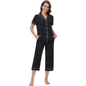 imageWiWi Viscose from Bamboo Soft Pajamas Set for Women Button Down Short Pajama Sets Plus Size Pjs Shorts Sleepwear S4XCblack