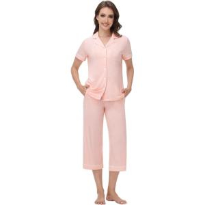 imageWiWi Viscose from Bamboo Soft Pajamas Set for Women Button Down Short Pajama Sets Plus Size Pjs Shorts Sleepwear S4XCcream Pink