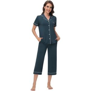 imageWiWi Viscose from Bamboo Soft Pajamas Set for Women Button Down Short Pajama Sets Plus Size Pjs Shorts Sleepwear S4XCdeep Teal