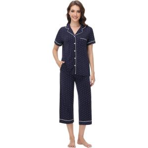 imageWiWi Viscose from Bamboo Soft Pajamas Set for Women Button Down Short Pajama Sets Plus Size Pjs Shorts Sleepwear S4XCnavyWhite Dots