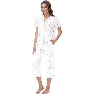 imageWiWi Viscose from Bamboo Soft Pajamas Set for Women Button Down Short Pajama Sets Plus Size Pjs Shorts Sleepwear S4XCwhite Stars
