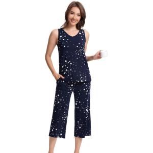 imageWiWi Women Pajama Set Sleeveless Top with Capri Pants Viscose from Bamboo Super Soft VNeck Tank Sleepwear PJ Sets SXXLAnavy Stars