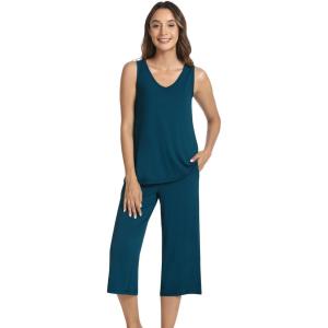 imageWiWi Women Pajama Set Sleeveless Top with Capri Pants Viscose from Bamboo Super Soft VNeck Tank Sleepwear PJ Sets SXXLApeacock Blue