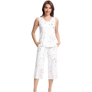 imageWiWi Women Pajama Set Sleeveless Top with Capri Pants Viscose from Bamboo Super Soft VNeck Tank Sleepwear PJ Sets SXXLAwhite Stars